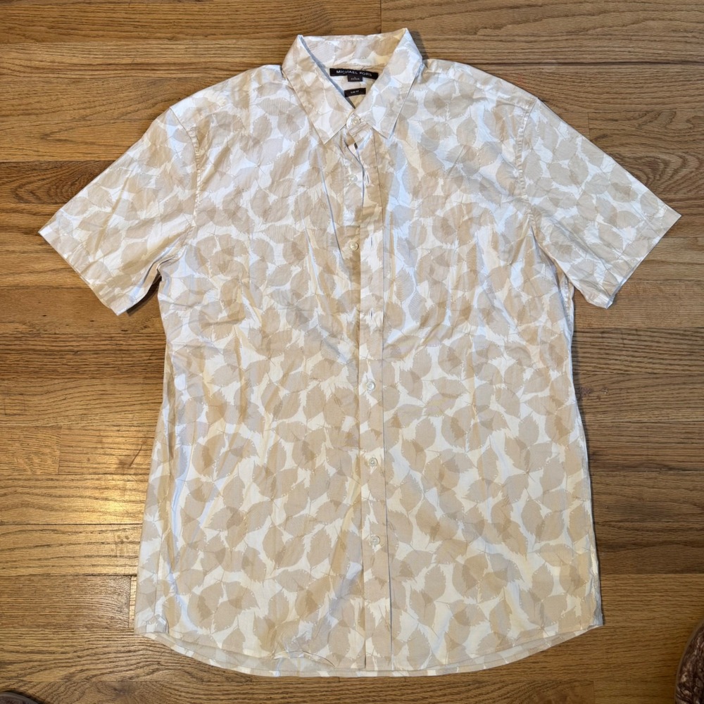Michael Kors Mens Slim‎ Fit Short Sleeve Leaf Print Button Down Shirt Tan Large